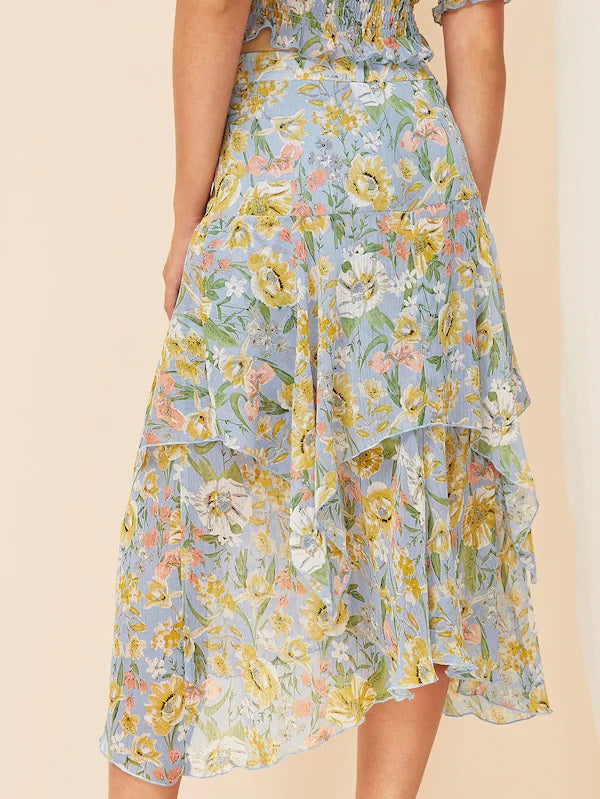 CM-BS102796 Women Elegant Seoul Style Allover Botanical Print Layered Asymmetrical Skirt