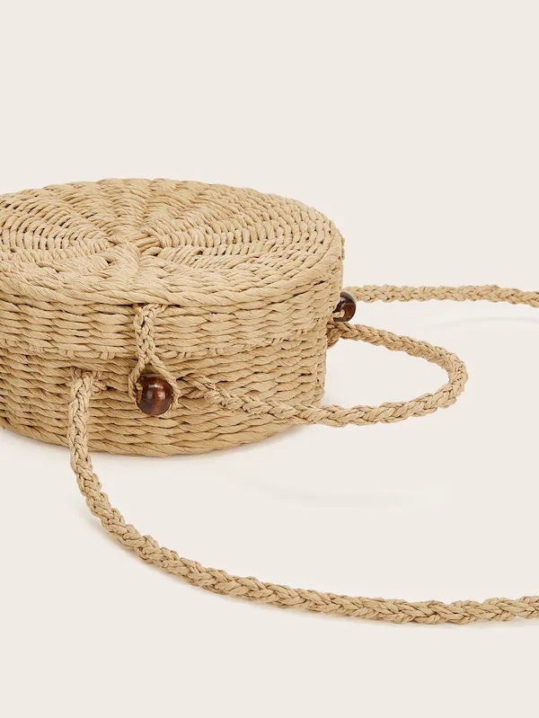 CM-BGS121723 Women Casual Seoul Style Straw Detail Round Crossbody Bag - Apricot