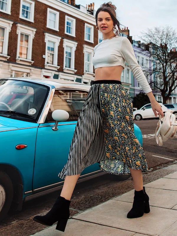 CM-BS108784 Women Elegant Seoul Style High Waist Mixed Print Asymmetrical Hem Skirt