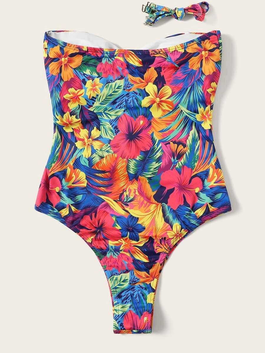 CM-SWS305882 Women Trendy Seoul Style Floral Print Cut-Out One Piece Swimsuit