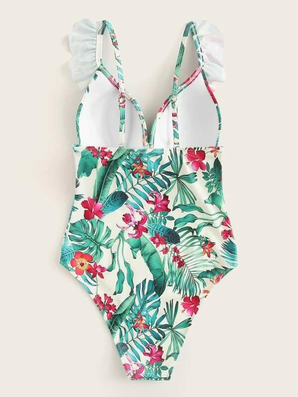 CM-SWS301424 Women Trendy Seoul Style Tropical Print Ruffle Trim One Piece Swimsuit