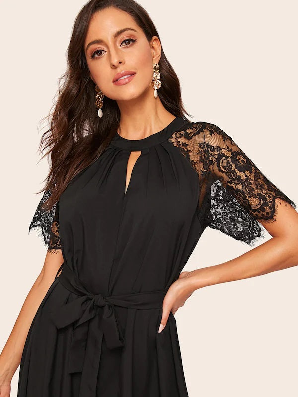 CM-DS920405 Women Elegant Seoul Style Lace Sleeve V-Cut Insert Neck Dress - Black