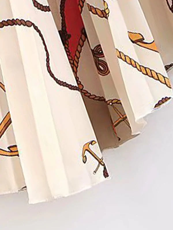 CM-BS318001 Women Elegant Seoul Style Rope Print Asymmetric Hem Pleated Skirt