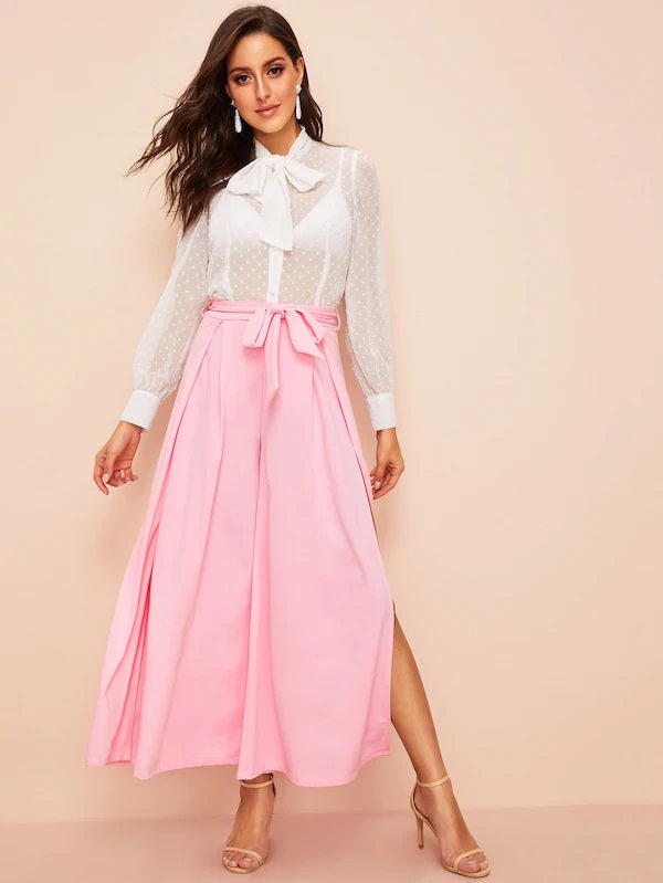 CM-BS320950 Women Casual Seoul Style Split-Front Wide Leg Waist Tie Pants - Pink