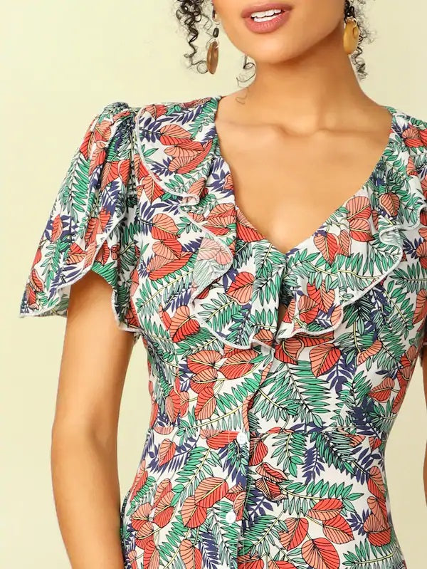 CM-DS227830 Women Casual Seoul Style Ruffle Trim Tulip Sleeve Tropical Dress