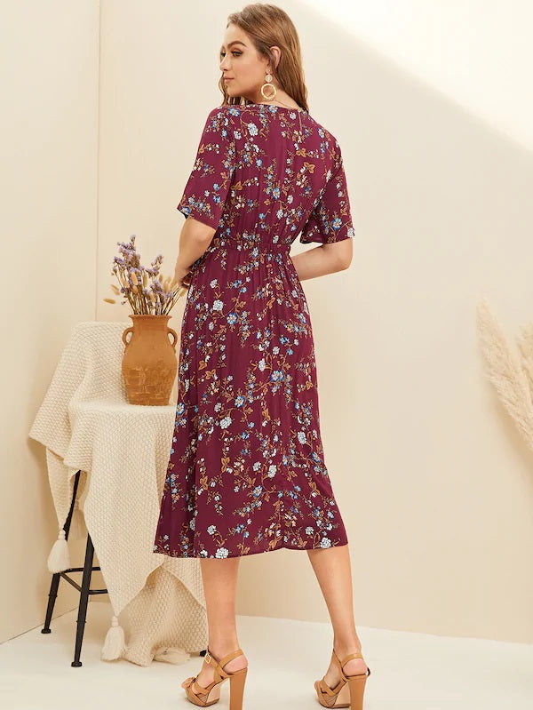 CM-DS306404 Women Casual Seoul Style Ditsy Floral Print Knotted Front Peekaboo Dress