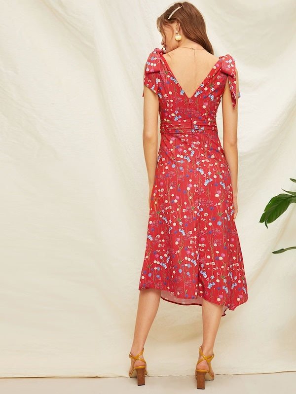 CM-DS321010 Women Casual Seoul Style Knot Detail Floral Print Asymmetric Hem Dress - Red