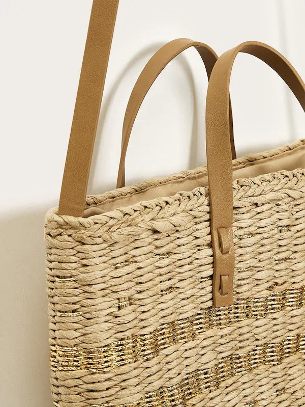 CM-BGS218708 Women Casual Seoul Style Convertible Strap Straw Satchel Bag - Brown