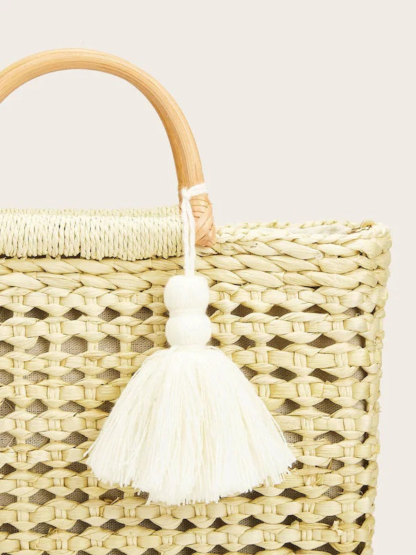 CM-BGS322708 Women Casual Bohemian Style Tassel Detail Braided Satchel Bag - Khaki