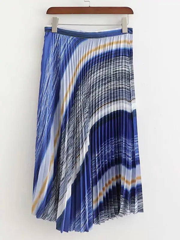 CM-BS401002 Women Casual Seoul Style Mid Waist Stripe Pleated Midi Skirt - Blue