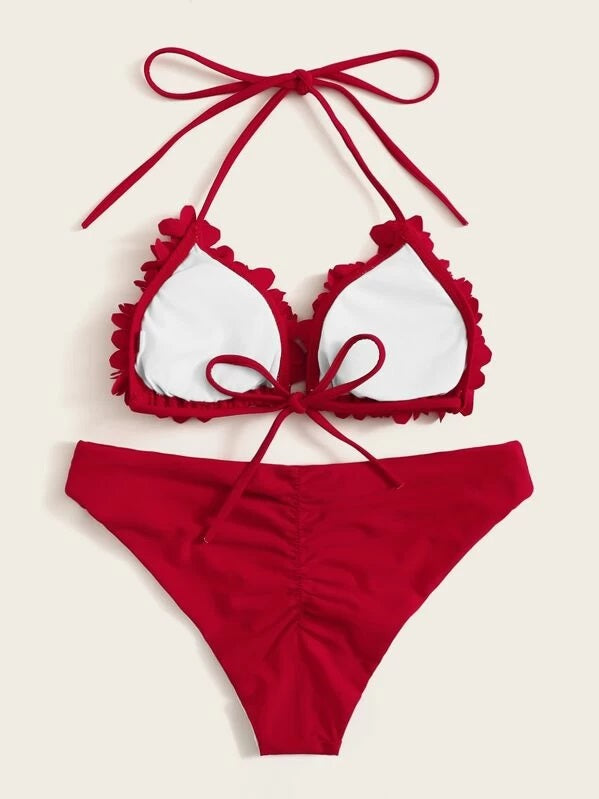 CM-SWS401836 Women Trendy Seoul Style Floral Applique Triangle Bikini Swimsuit - Wine Red
