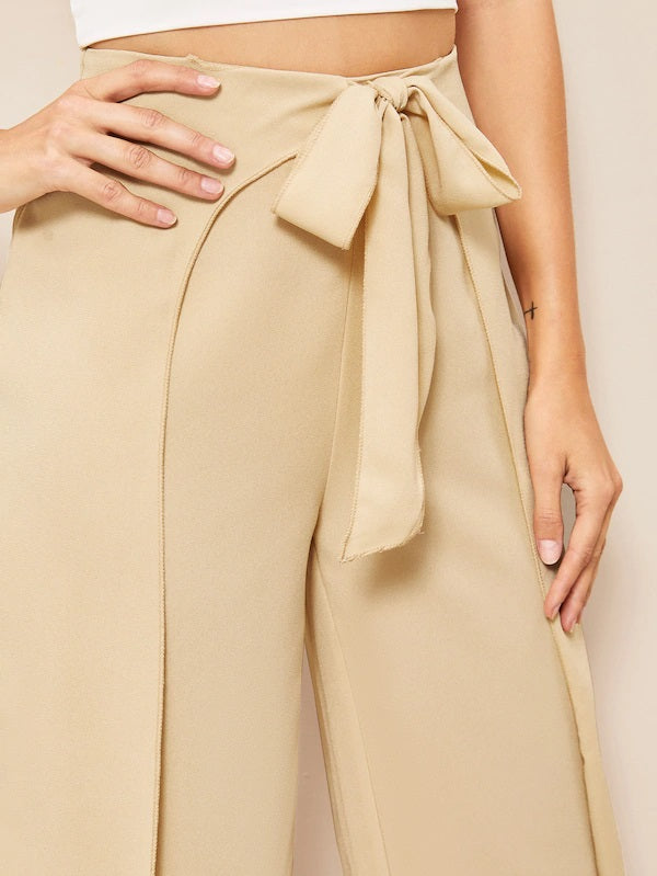 CM-BS314455 Women Vintage Seoul Style Zip Back Tie Waist Wrap Crop Pants - Apricot