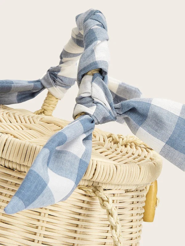 CM-BGS405704 Women Trendy Seoul Style Gingham Detail Bucket Bag - Beige