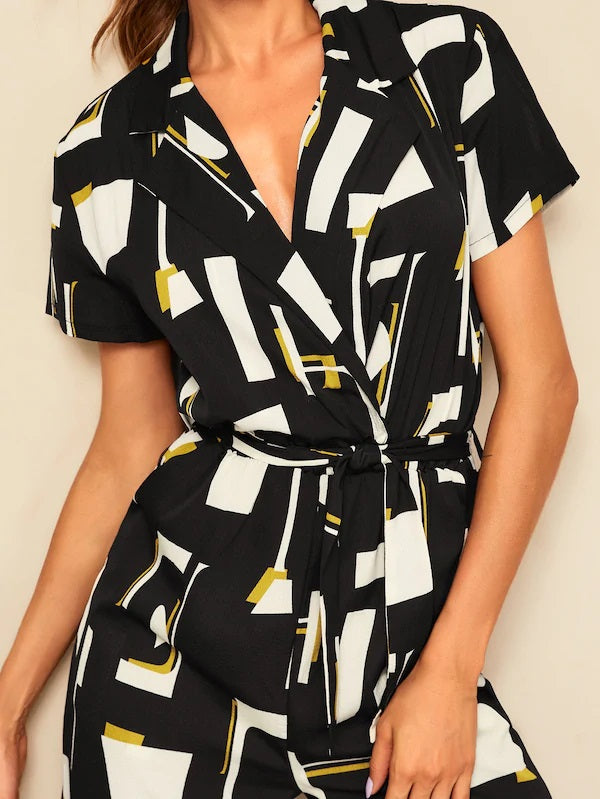 CM-JS410951 Women Casual Seoul Style Geometric Print Belted Notched Collar Jumpsuit