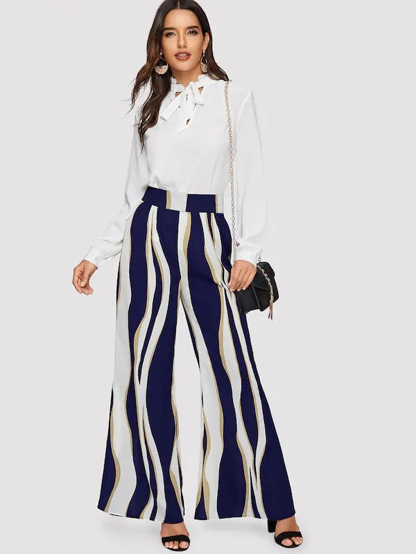 CM-BS308900 Women Casual Seoul Style High Waist Wide Leg Long Pants - Blue