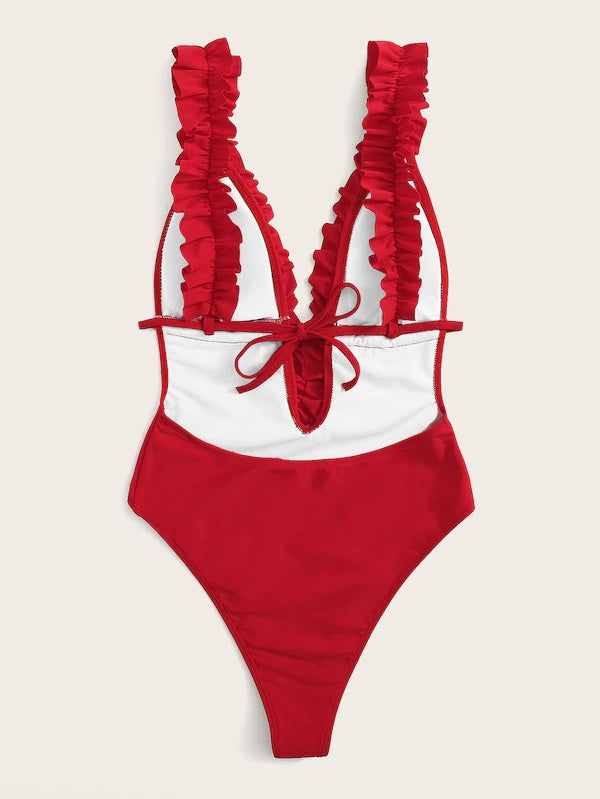 CM-SWS412810 Women Stylish Frill Trim Drawstring Plunge Backless One Piece Swimsuit - Red