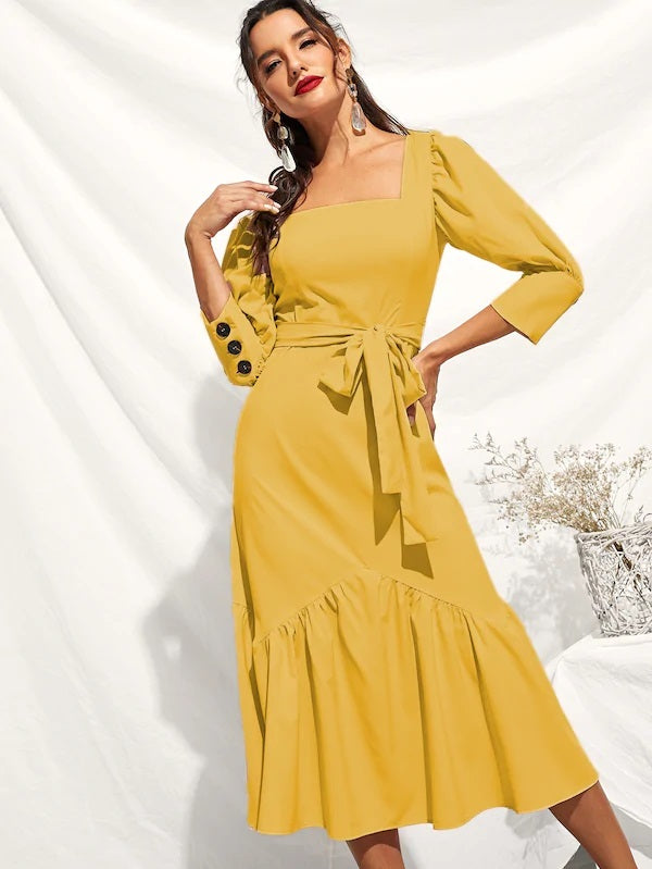 CM-DS318831 Women Elegant Vintage Style Buttoned Cuff Flounce Hem Self Dress With Belt - Yellow