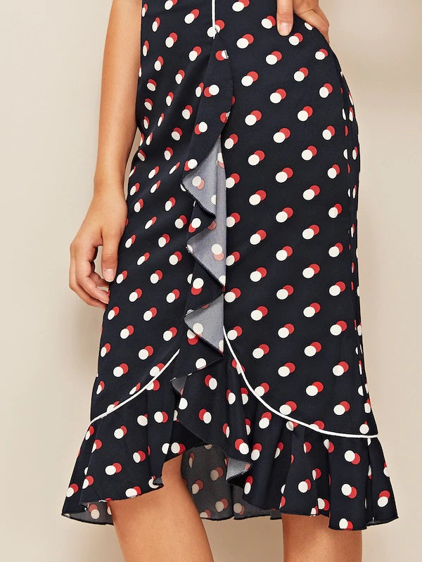 CM-BS313771 Women Casual Seoul Style Polka-Dot Ruffle Hem Wrap Knotted Skirt - Navy Blue