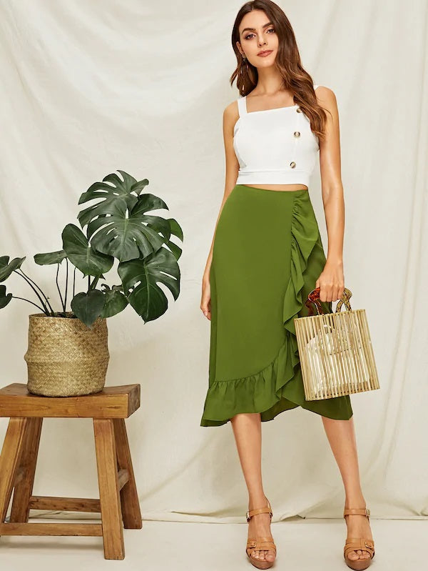 CM-BS318441 Women Casual Seoul Style Mid Waist Ruffle Trim Wrap Pencil Skirt - Green