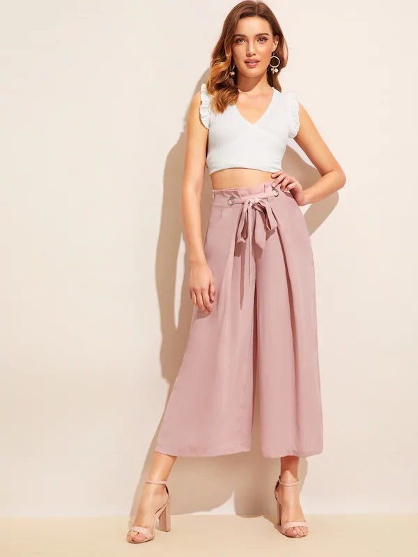 CM-BS319447 Women Casual European Style Knot Waist Fold Pleat Wide Leg Pants - Pink
