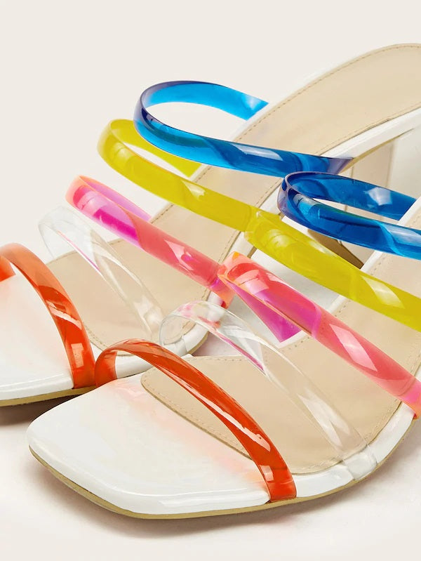 CM-SHS418922 Women Trendy Seoul Style Colorful Strappy Chunky Heeled Mules - White