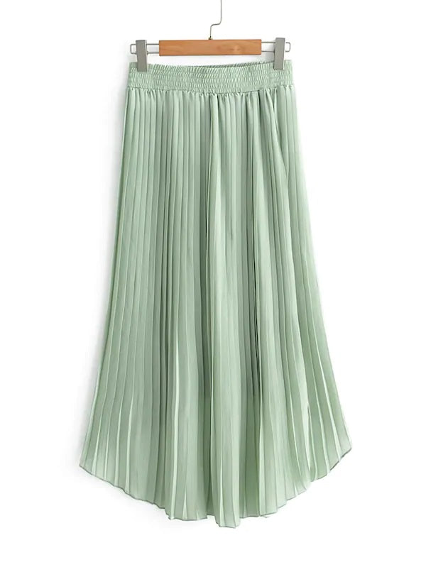 CM-BS419157 Women Casual Seoul Style Elastic Waist Pleated Dip Hem Skirt - Green