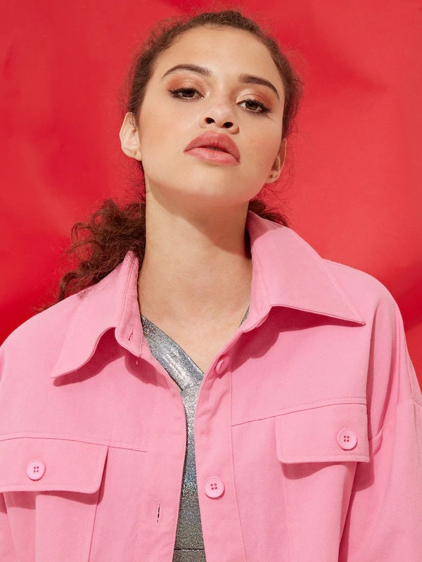 CM-CS410056 Women Trendy Seoul Style Long Sleeve Single-Breasted Trucker Jacket - Pink