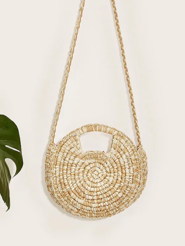 CM-BGS419220 Women Trendy Bohemian Style Straw Braided Round Bag - Beige