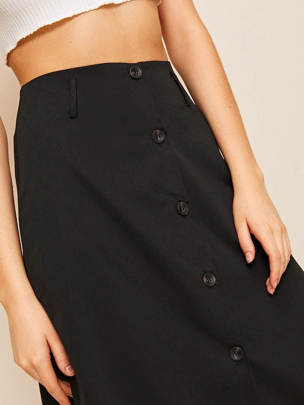 CM-BS325404 Women Casual Seoul Style High Waist Button Front Solid A-Line Skirt - Black