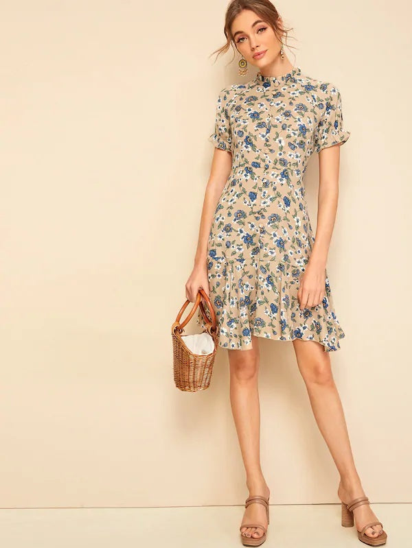 CM-DS325551 Women Vintage Seoul Style Frill Neck Button Up Flounce Hem Floral Tea Dress
