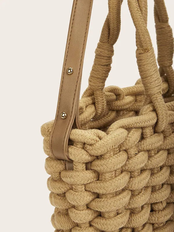 CM-BGS425625 Women Elegant Bohemian Style Plaited Detail Tote Bag - Khaki