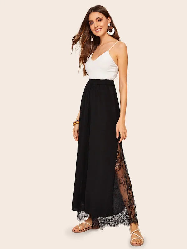 CM-BS320185 Women Casual Seoul Style Elastic Waist Eyelash Lace Insert Palazzo Pants - Black