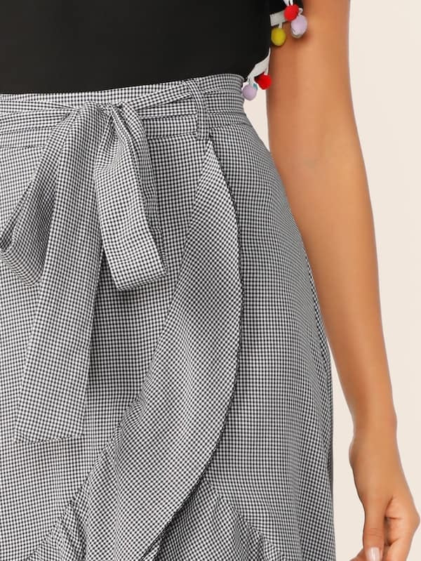 CM-BS409701 Women Casual European Style Belted Layered Ruffle Hem Asymmetrical Skirt - Navy Blue