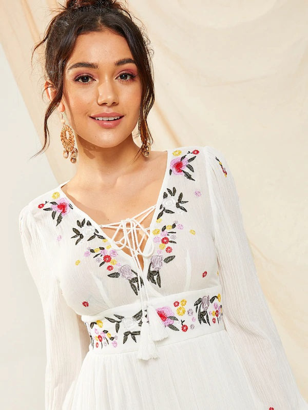 CM-DS408933 Women Elegant Seoul Style Deep V-Neck Tassel Trim Floral Embroidered Dress - White