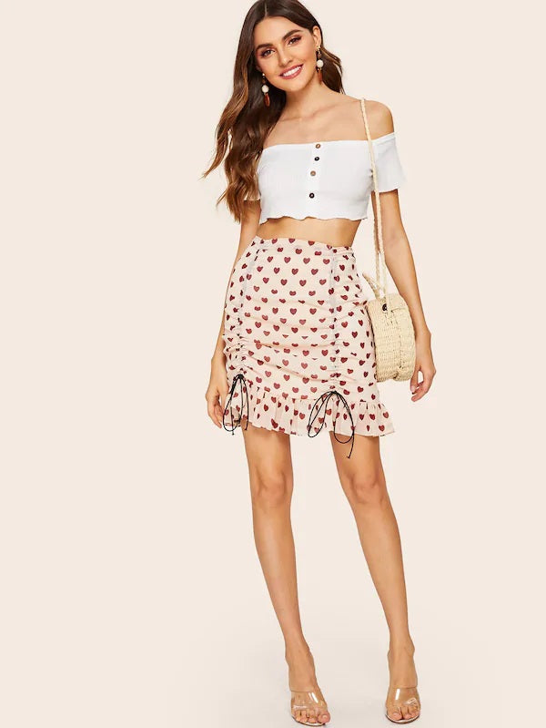 CM-BS430166 Women Casual Seoul Style Drawstring Ruffle Hem Geometric Print Skirt