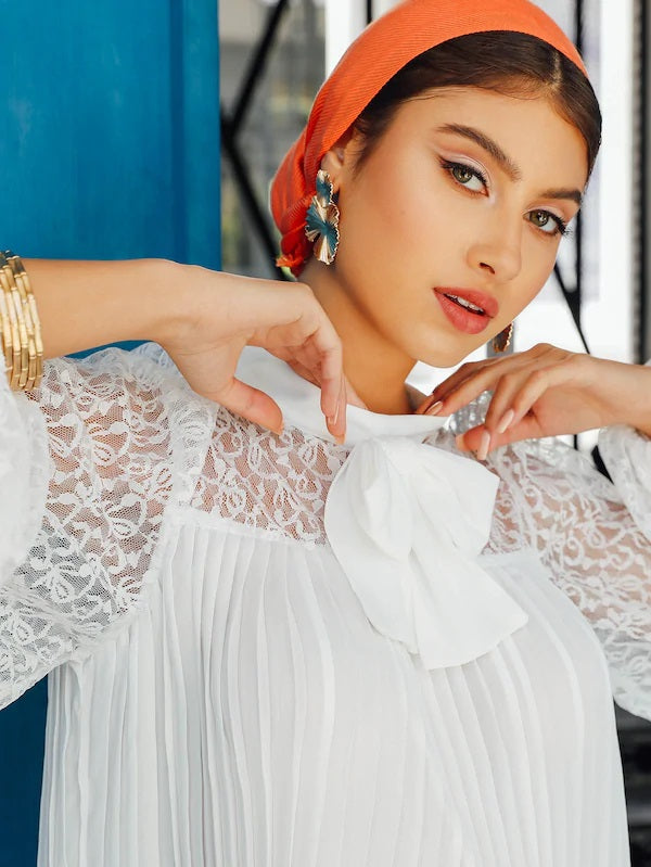 CM-TS409313 Women Elegant Seoul Style Tie Neck Sheer Lace Yoke Trim Pleated Top - White