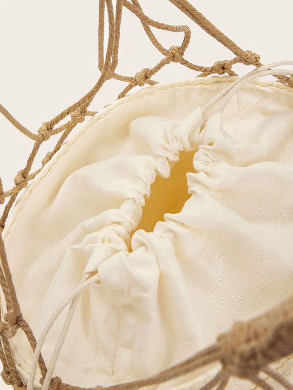 CM-BGS214309 Women Trendy Bohemian Style Bucket Net Bag With Drawstring - White