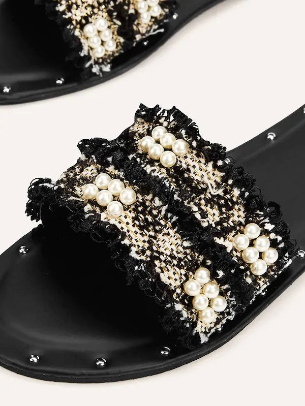 CM-SHS506023 Women Casual Seoul Style Faux Pearl Decor Open Toe Flat Sliders - Black