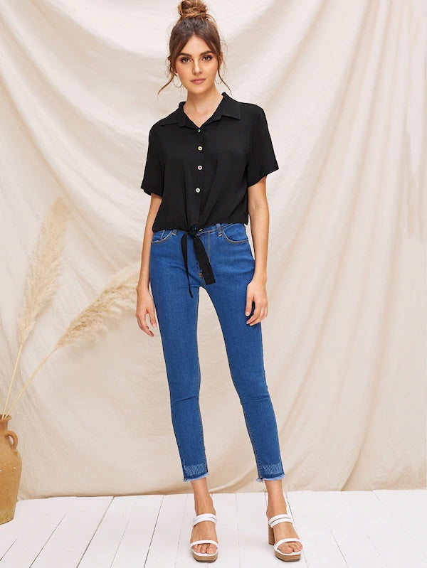 CM-TS507986 Women Casual Seoul Style Short Sleeve Letter Print Knot Blouse - Black