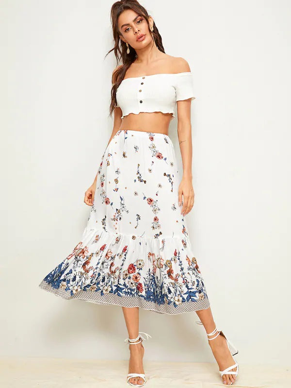 CM-BS402422 Women Casual Seoul Style Mid Waist Floral Print Flippy Hem Skirt - White