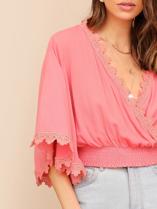 CM-TS411650 Women Casual Seoul Style Guipure Lace Trim Shirred Hem Wrap Top - Pink