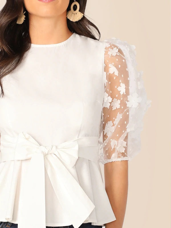 CM-TS415751 Women Casual Seoul Style Appliques Mesh Sleeve Tie Front Peplum Top - White