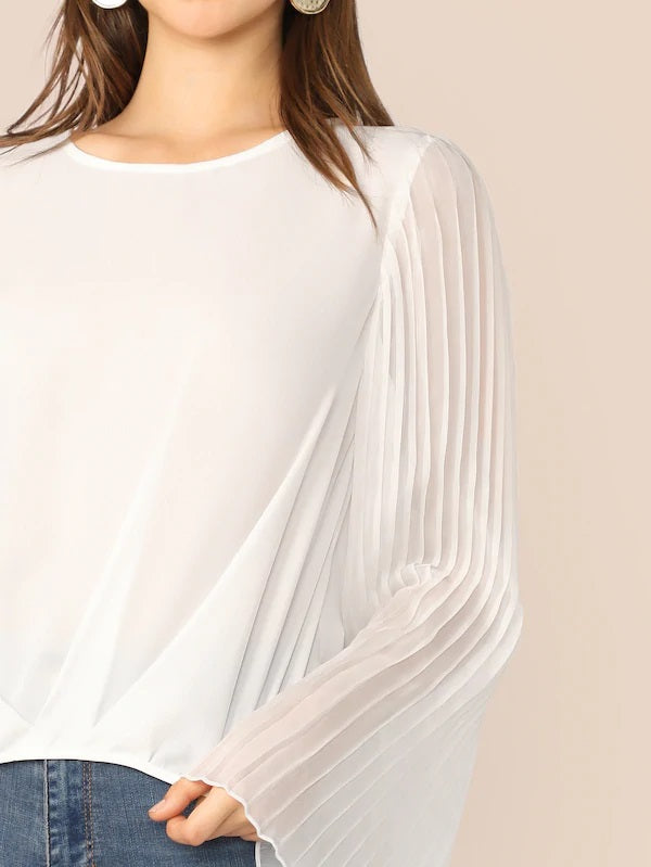 CM-TS411686 Women Casual Seoul Style Long Pleated Sleeve Curved Hem Top - White