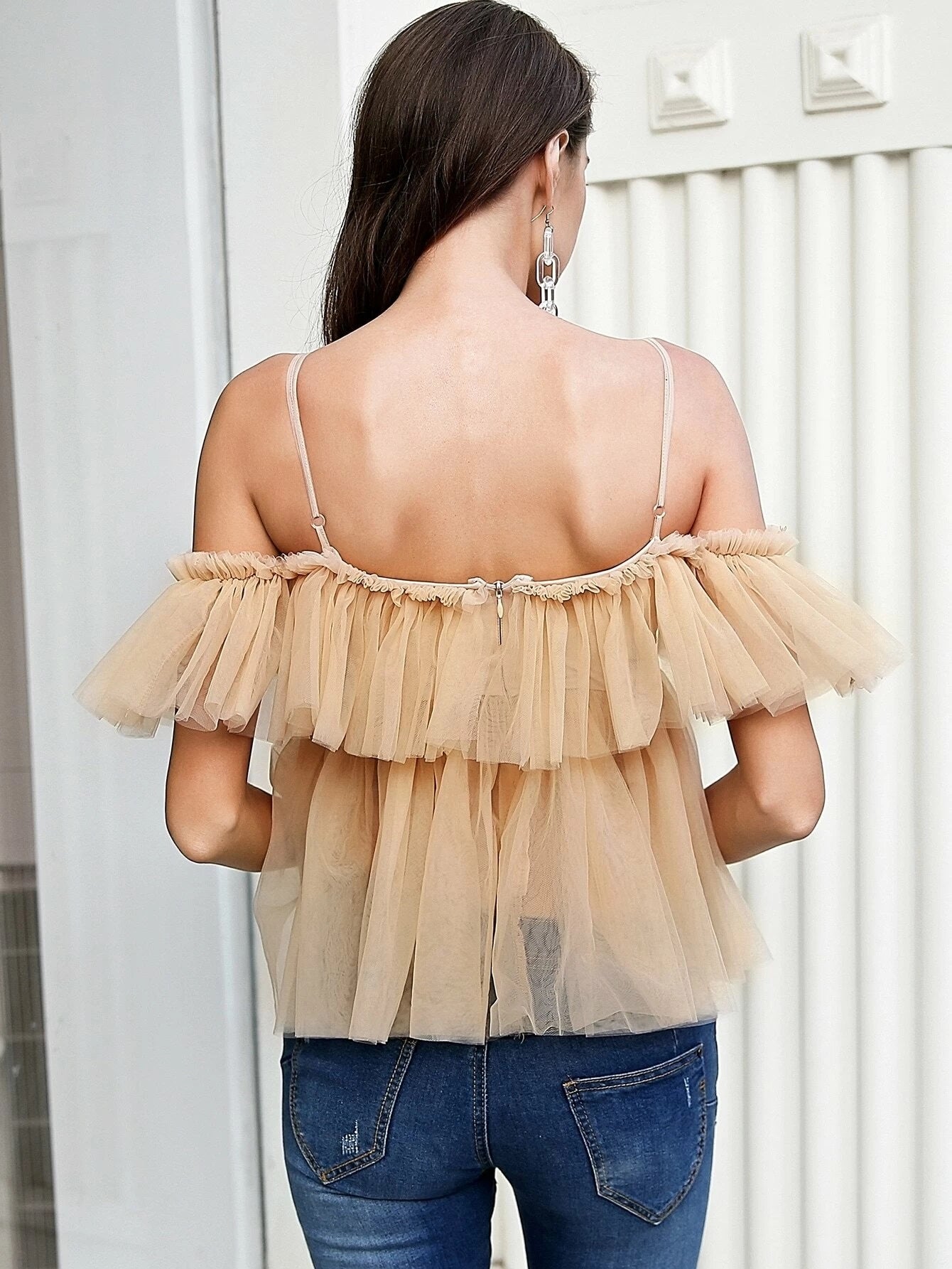 CM-TS513145 Women Casual Seoul Style Ruffle Trim Lace Up Cold Shoulder Mesh Top - Khaki