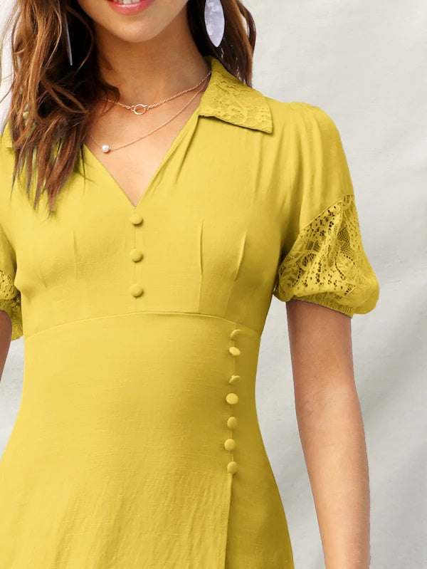 CM-DS411686 Women Elegant Seoul Style Lace Insert Button Detail Split Dress - Yellow