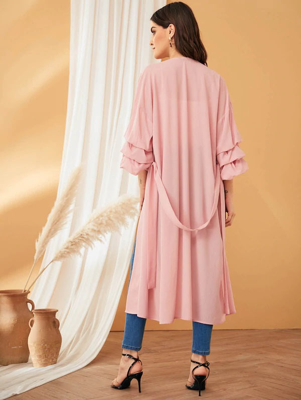 CM-CS425389 Women Elegant Seoul Style Gathered Sleeve Self Belted Semi Sheer Coat - Pink