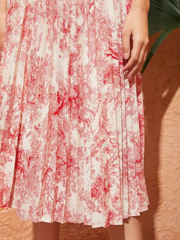 CM-BS411467 Women Elegant Seoul Style High Waist Landscape Print Pleated Swing Skirt