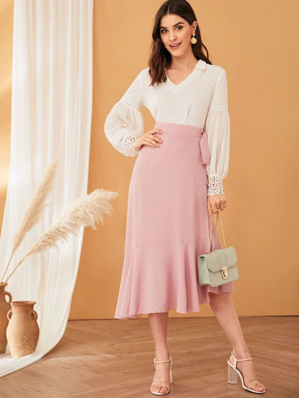 CM-BS417731 Women Casual Seoul Style High Waist Asymmetrical Hem Midi Skirt - Pink