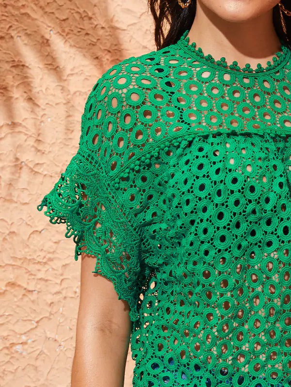 CM-TS429348 Women Casual Seoul Style Guipure Lace Keyhole Back Blouse - Green