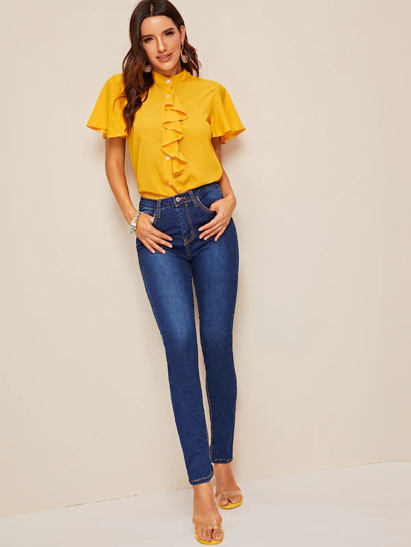 CM-TS410439 Women Casual Seoul Style Jabot Collar Flutter Sleeve Curved Hem Shirt - Yellow